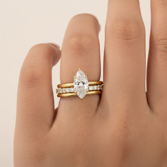 Aurevyn Moissanite 2.0 Ct Marquise Cut Solitaire Yellow Gold Promise Ring with Half Round Cut Anniversary Ring