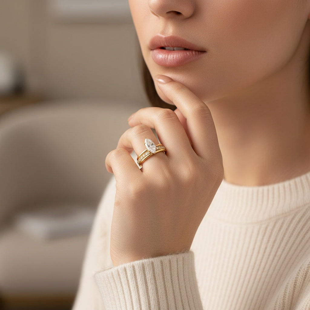 Aurevyn Moissanite 2.0 Ct Marquise Cut Solitaire Yellow Gold Promise Ring with Half Round Cut Anniversary Ring