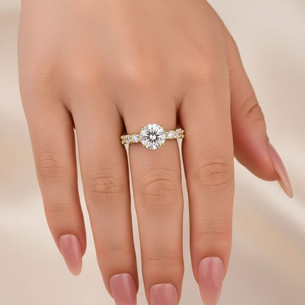 Aurevyn Moissanite 2.0 Ct Round Cut Down Pavé Engagement Ring