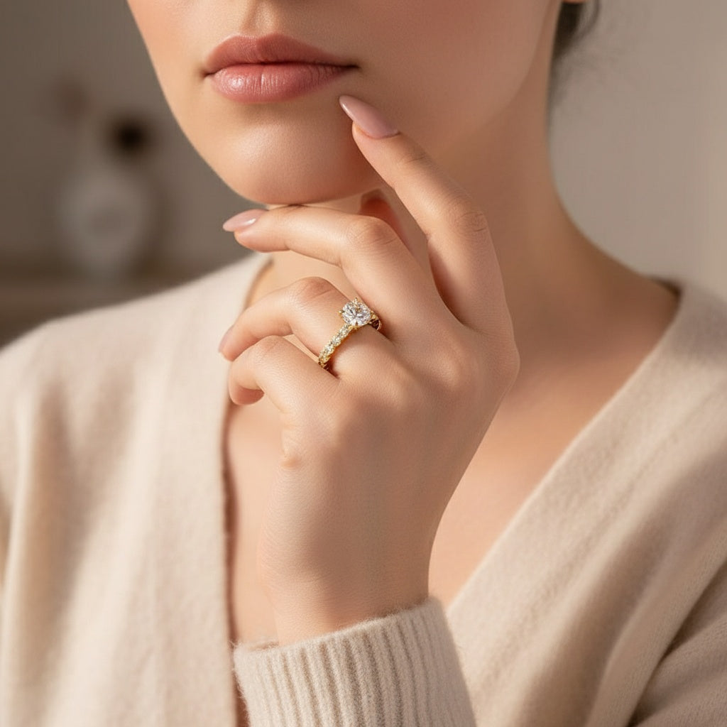 Aurevyn Moissanite 2.0 Ct Round Cut Down Pavé Engagement Ring