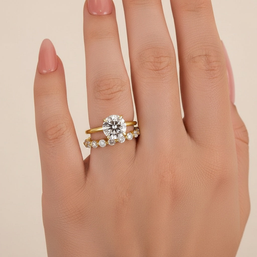Aurevyn Moissanite 2.0 Ct Solitaire Round Cut Yellow Gold Wedding Ring Set Eternity Moissanite Diamond Ring
