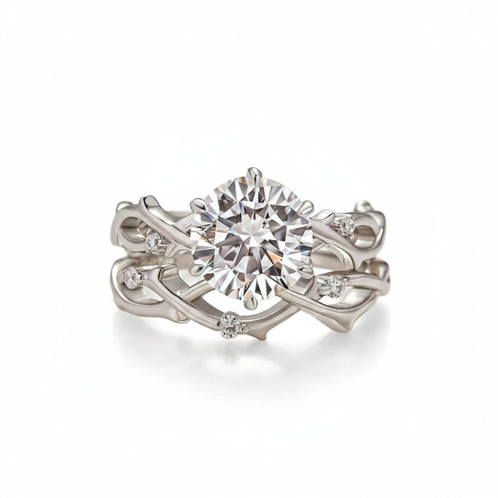 Aurevyn Moissanite 2.0 Ct Twig 6 Prong Round Cut Twist White Gold Wedding Set