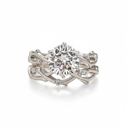 Aurevyn Moissanite 2.0 Ct Twig 6 Prong Round Cut Twist White Gold Wedding Set