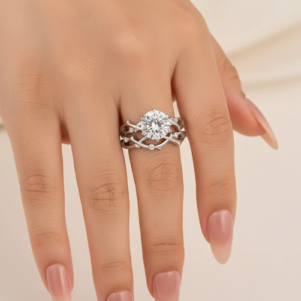 Aurevyn Moissanite 2.0 Ct Twig 6 Prong Round Cut Twist White Gold Wedding Set