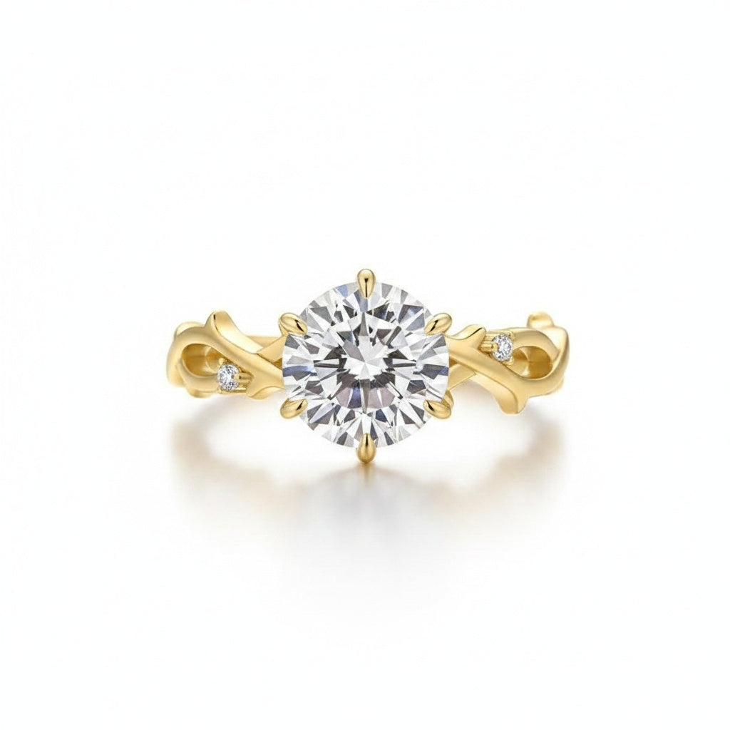 Aurevyn Moissanite 2.0 Ct Twig 6 Prong Round Cut Twist Yellow Gold Engagement Ring