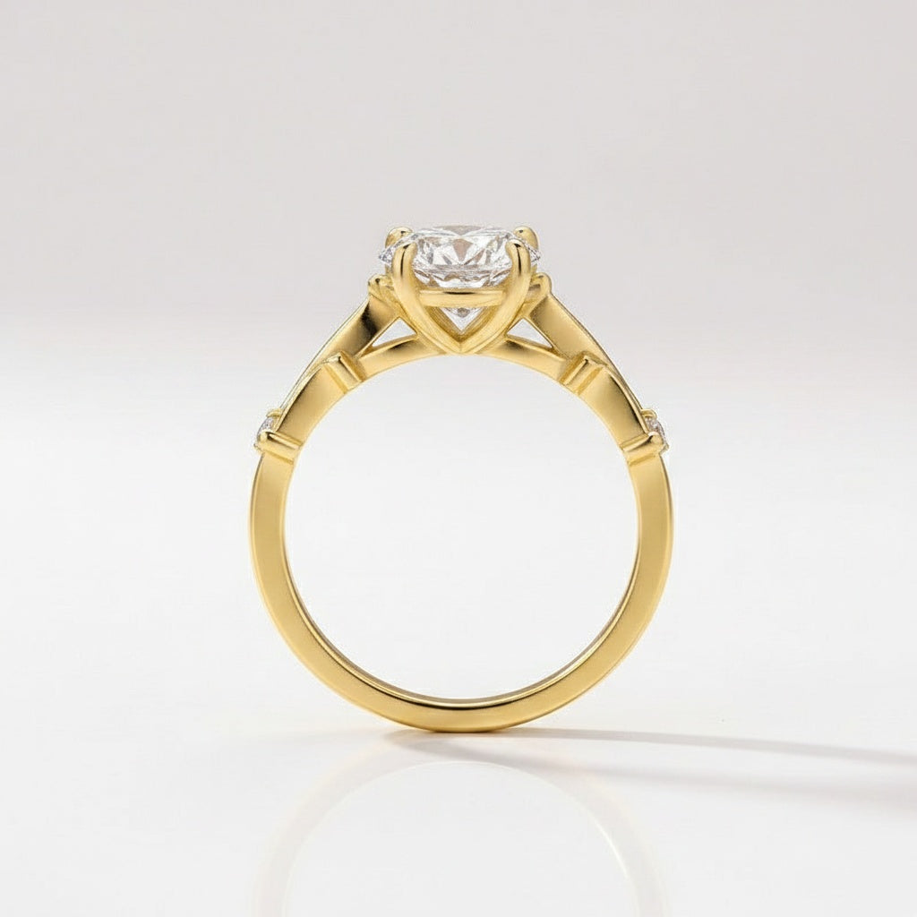Aurevyn Moissanite 2.0 Ct Twig 6 Prong Round Cut Twist Yellow Gold Engagement Ring