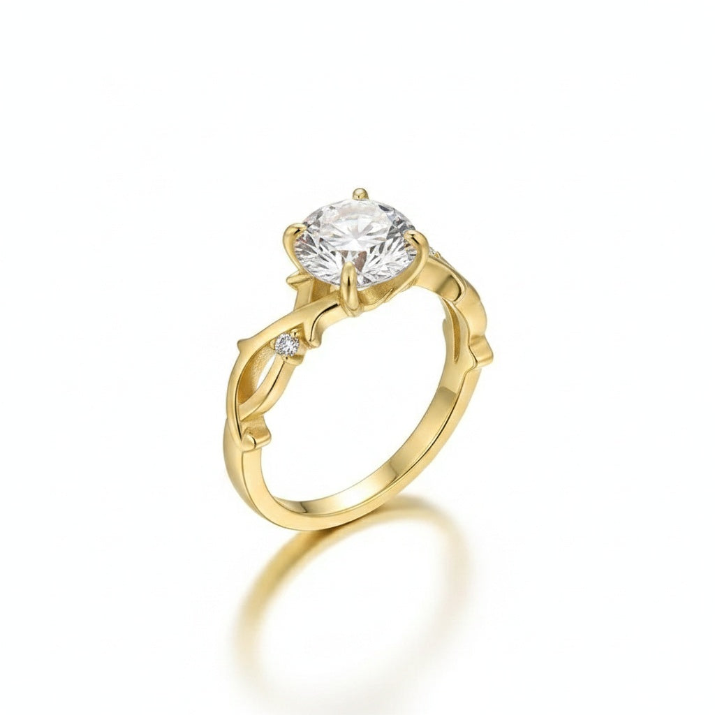 Aurevyn Moissanite 2.0 Ct Twig 6 Prong Round Cut Twist Yellow Gold Engagement Ring