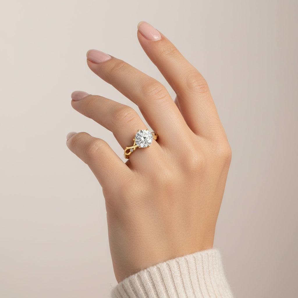 Aurevyn Moissanite 2.0 Ct Twig 6 Prong Round Cut Twist Yellow Gold Engagement Ring