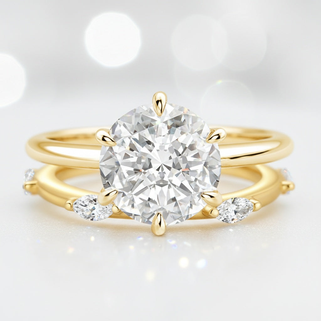 Aurevyn Moissanite 2.0Ct 6 Prong Solitaire Round Cut Engagement Ring with Marquise Cut Wedding Band
