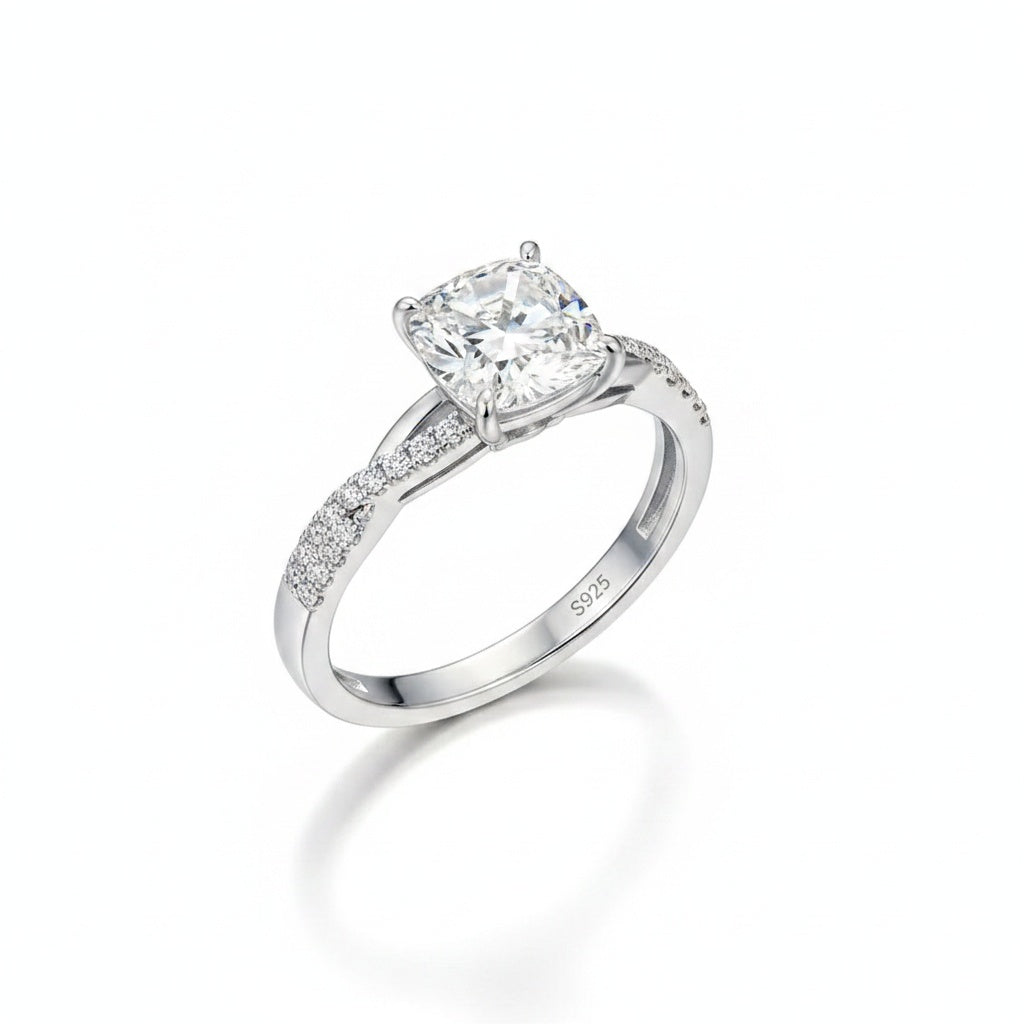 Aurevyn Moissanite 2.0Ct Cushion Cut Twist Engagement Ring Travel Ring In Sterling Silver