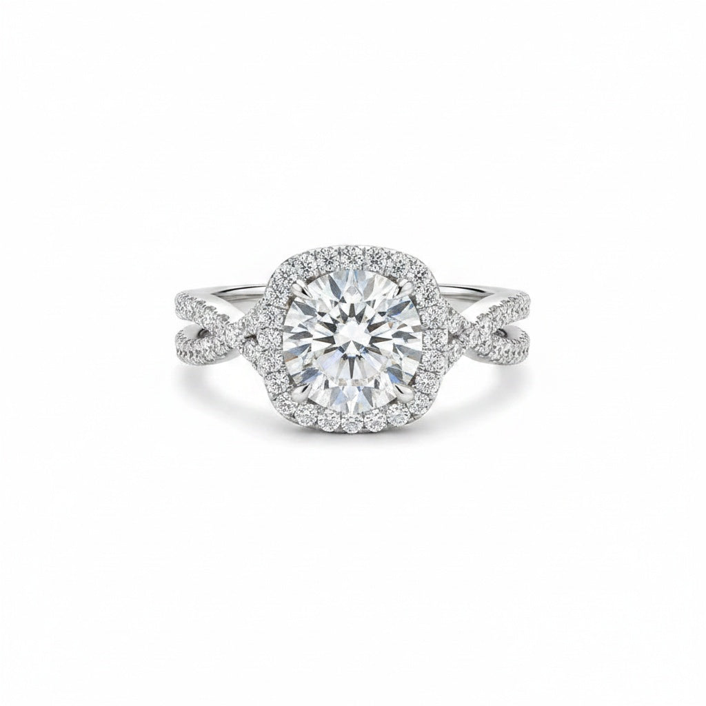 Aurevyn Moissanite 2.0Ct Halo Round Cut Twist White Gold Wedding Ring Set In Sterling Silver