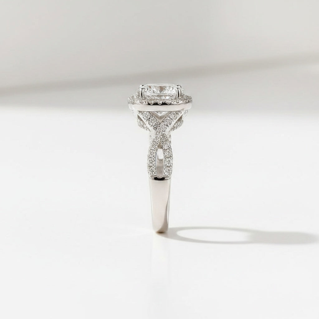 Aurevyn Moissanite 2.0Ct Halo Round Cut Twist White Gold Wedding Ring Set In Sterling Silver