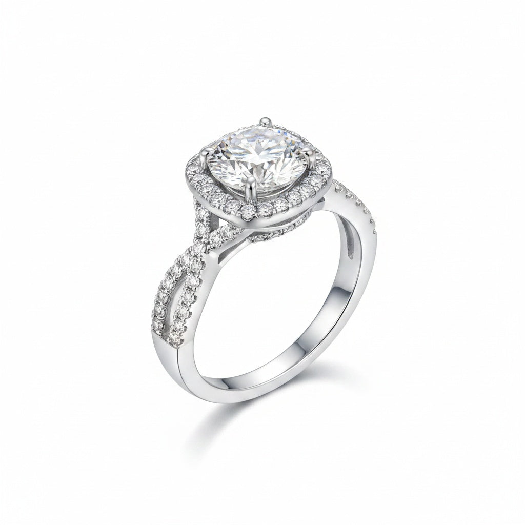 Aurevyn Moissanite 2.0Ct Halo Round Cut Twist White Gold Wedding Ring Set In Sterling Silver