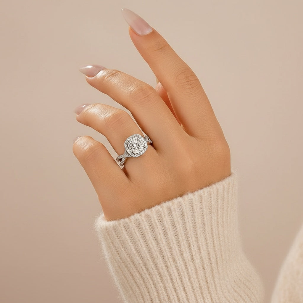 Aurevyn Moissanite 2.0Ct Halo Round Cut Twist White Gold Wedding Ring Set In Sterling Silver