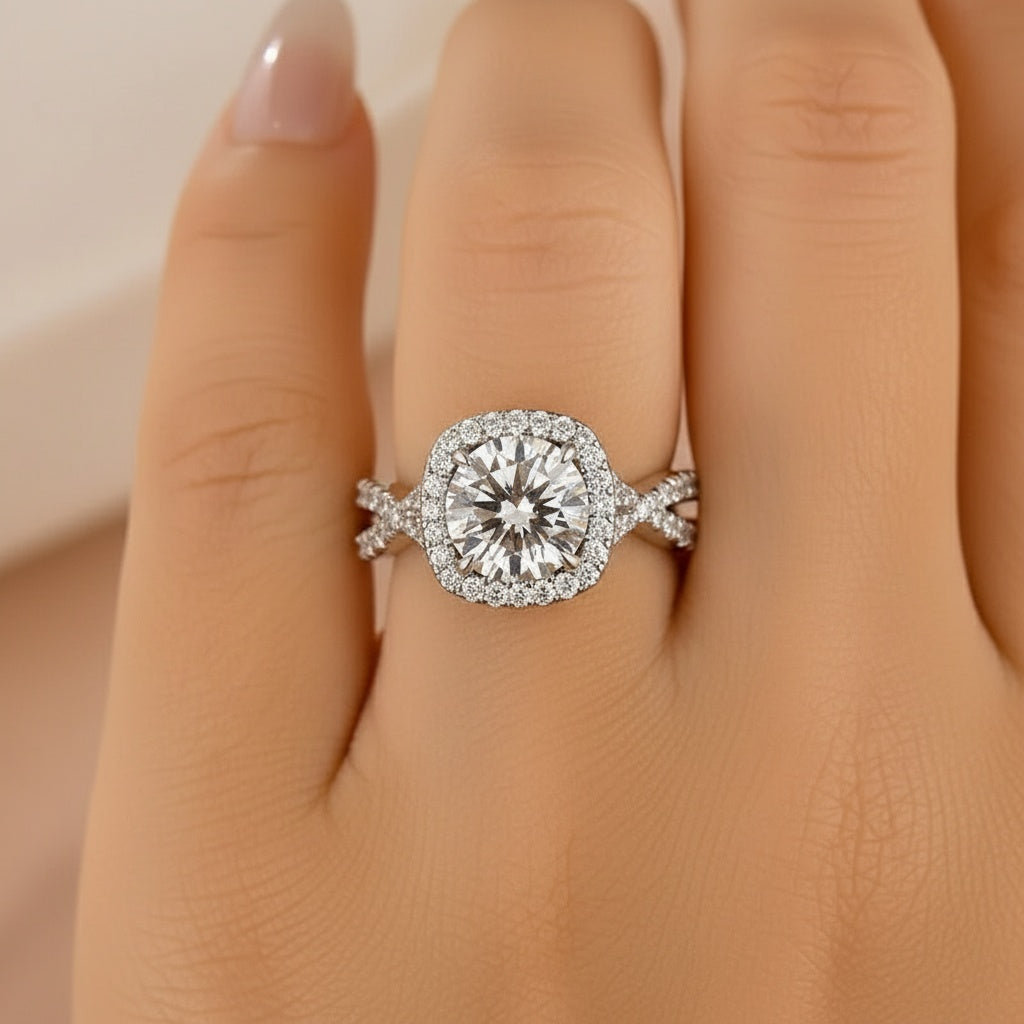 Aurevyn Moissanite 2.0Ct Halo Round Cut Twist White Gold Wedding Ring Set In Sterling Silver