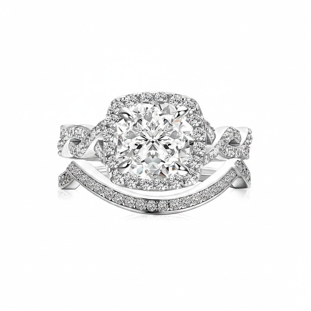 Aurevyn Moissanite 2.0Ct Halo Round Cut Twist White Gold Wedding Ring Set In Sterling Silver