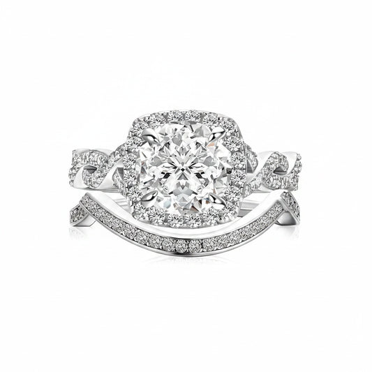 Aurevyn Moissanite 2.0Ct Halo Round Cut Twist White Gold Wedding Ring Set In Sterling Silver