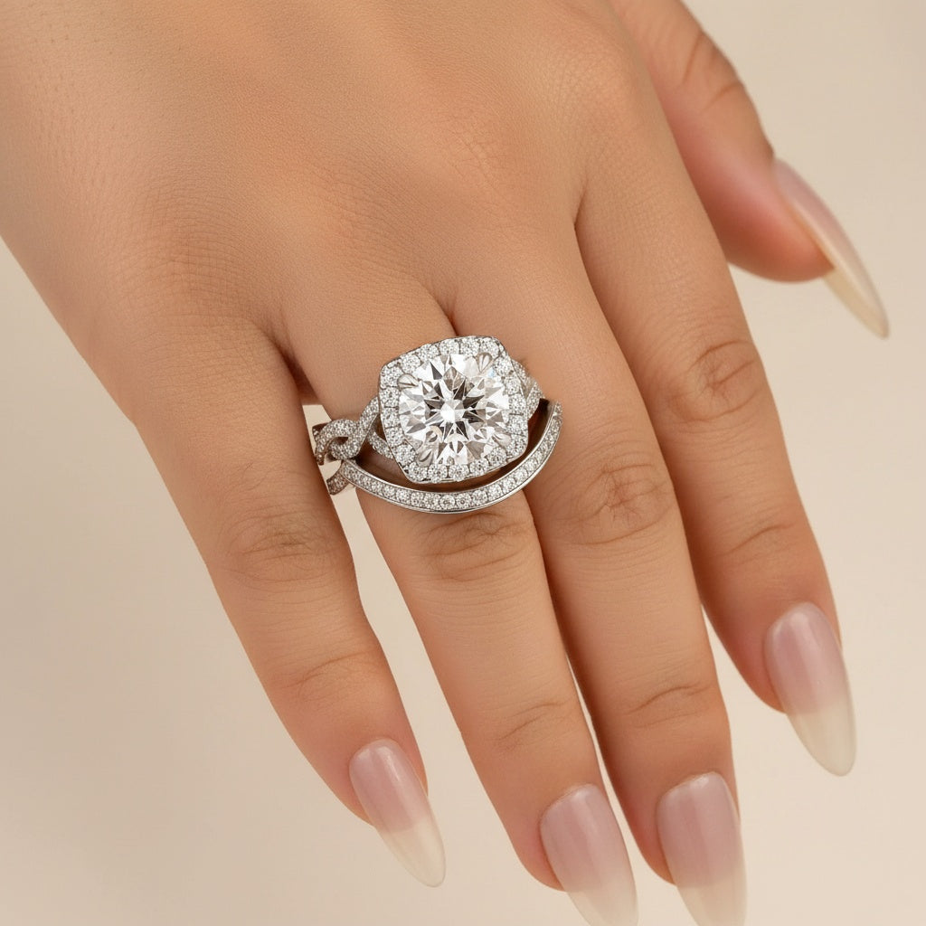 Aurevyn Moissanite 2.0Ct Halo Round Cut Twist White Gold Wedding Ring Set In Sterling Silver