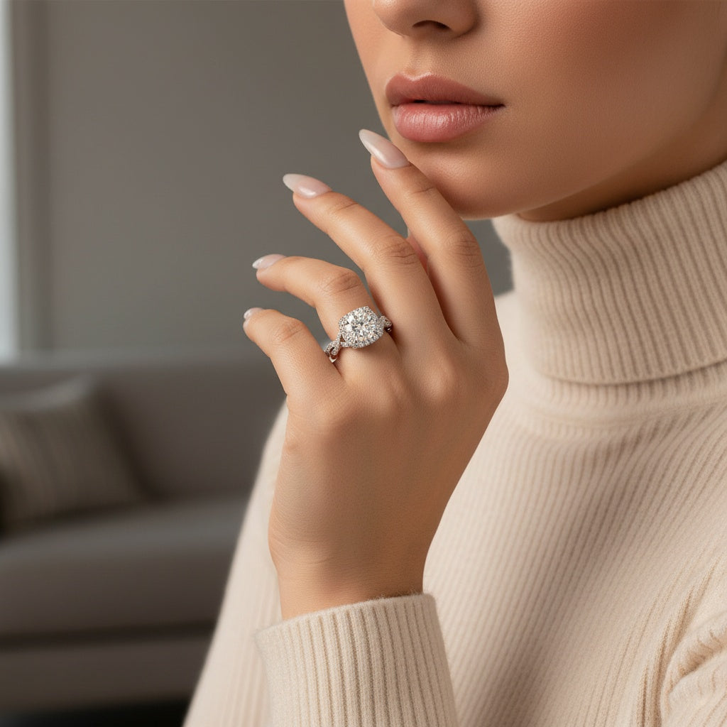 Aurevyn Moissanite 2.0Ct Halo Round Cut Twist White Gold Wedding Ring Set In Sterling Silver