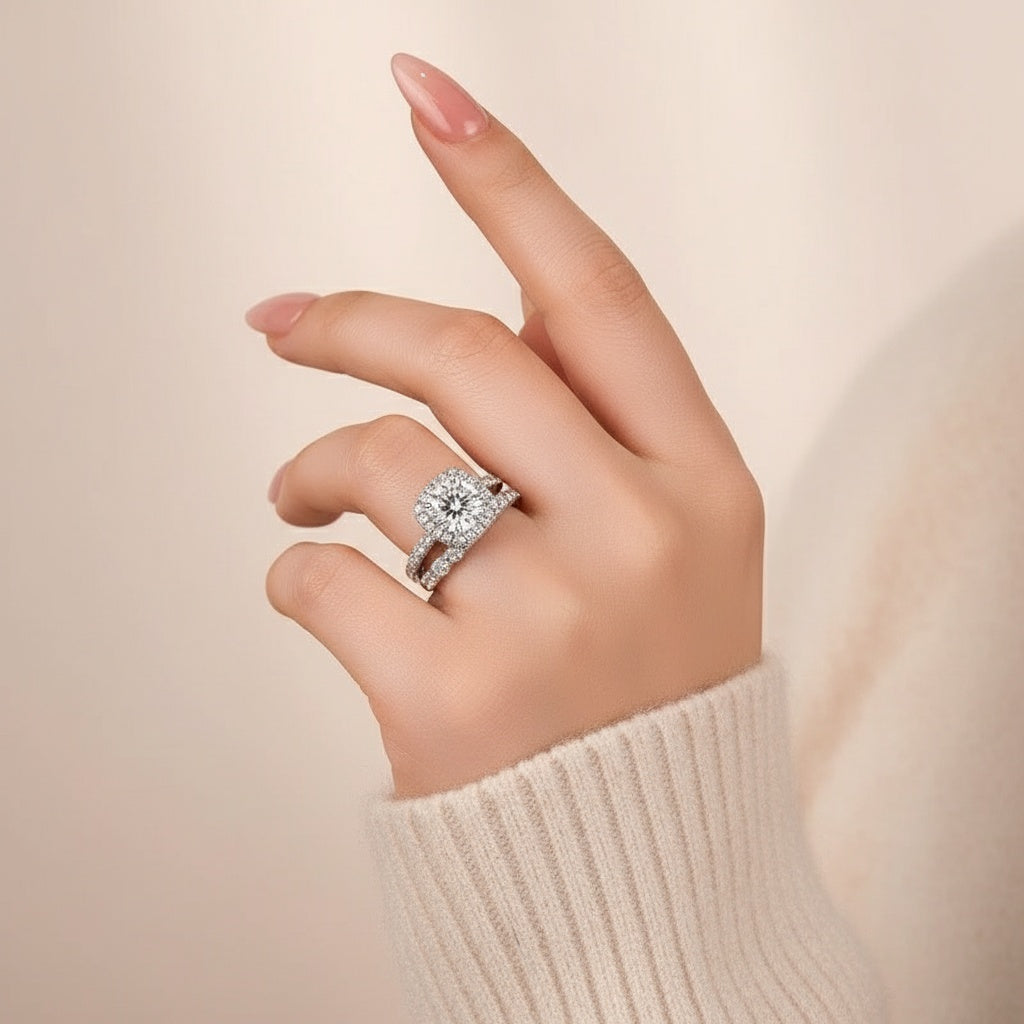 Aurevyn Moissanite 2.0Ct Halo Round Cut White Gold Promise Ring With Seven Stone Round Cut Anniversary Ring
