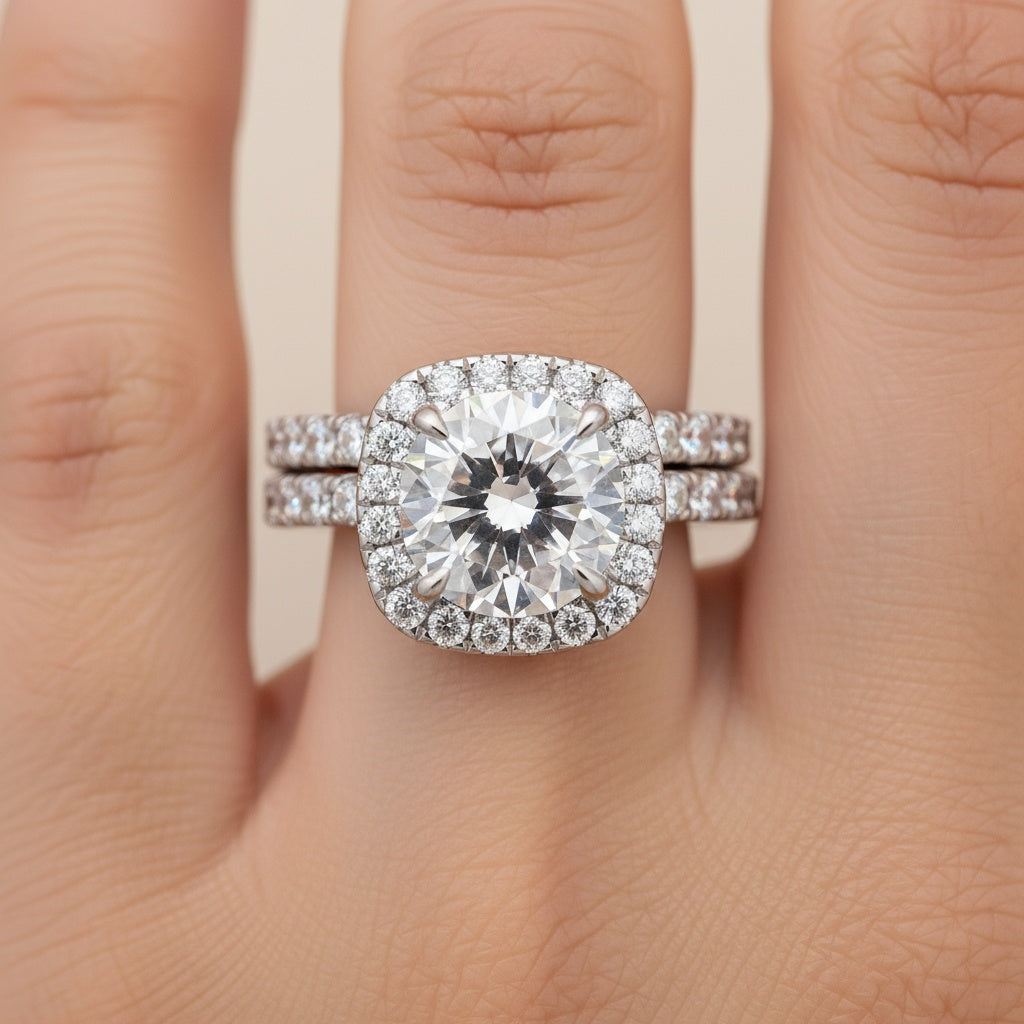 Aurevyn Moissanite 2.0Ct Halo Round Cut White Gold Promise Ring With Seven Stone Round Cut Anniversary Ring