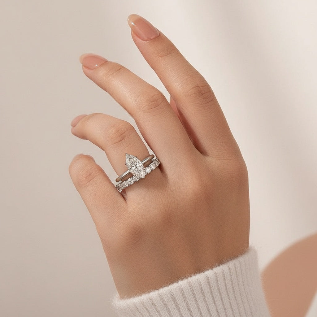 Aurevyn Moissanite 2.0Ct Marquise Cut Solitaire Engagement Ring with Pavé Eternity Ring