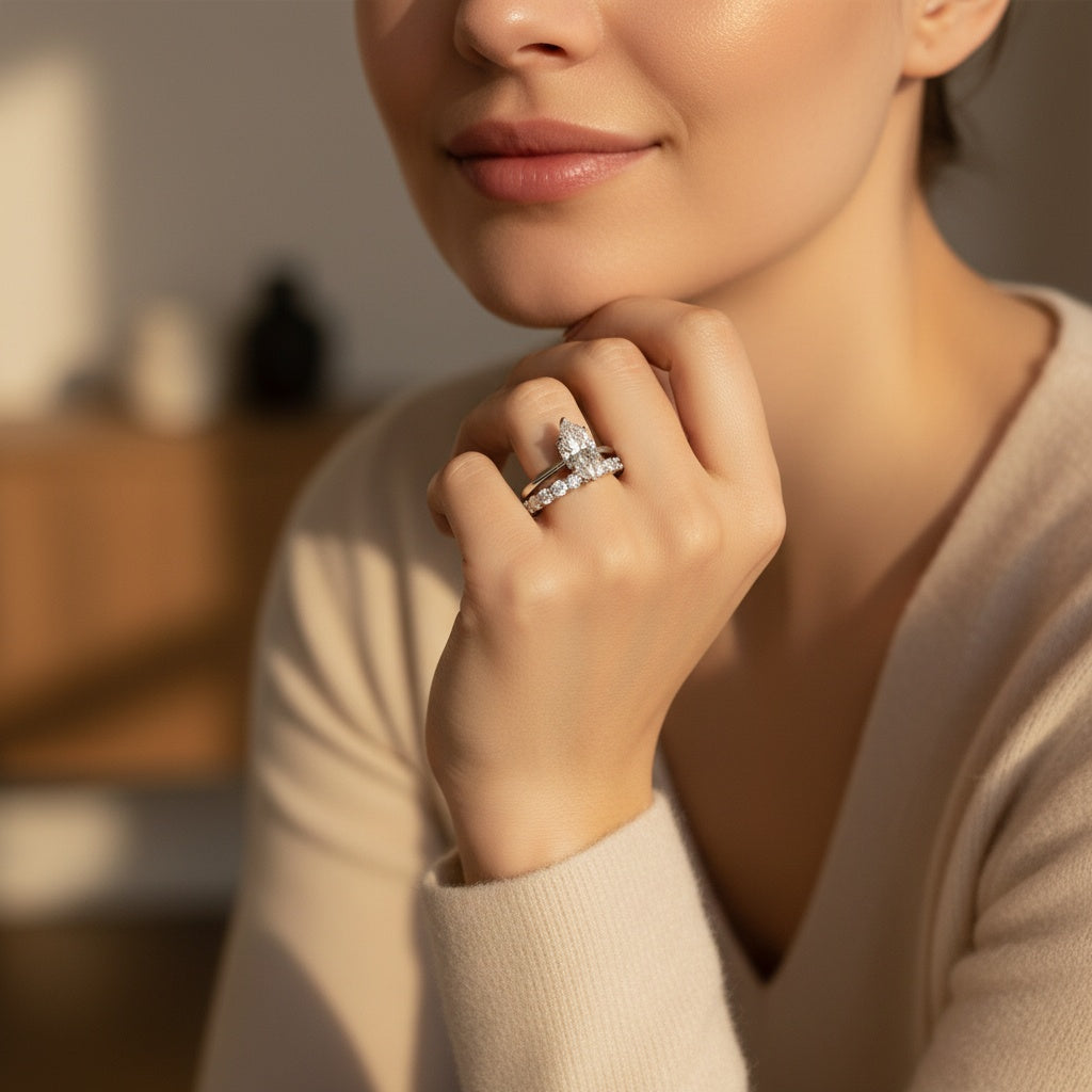Aurevyn Moissanite 2.0Ct Marquise Cut Solitaire Engagement Ring with Pavé Eternity Ring