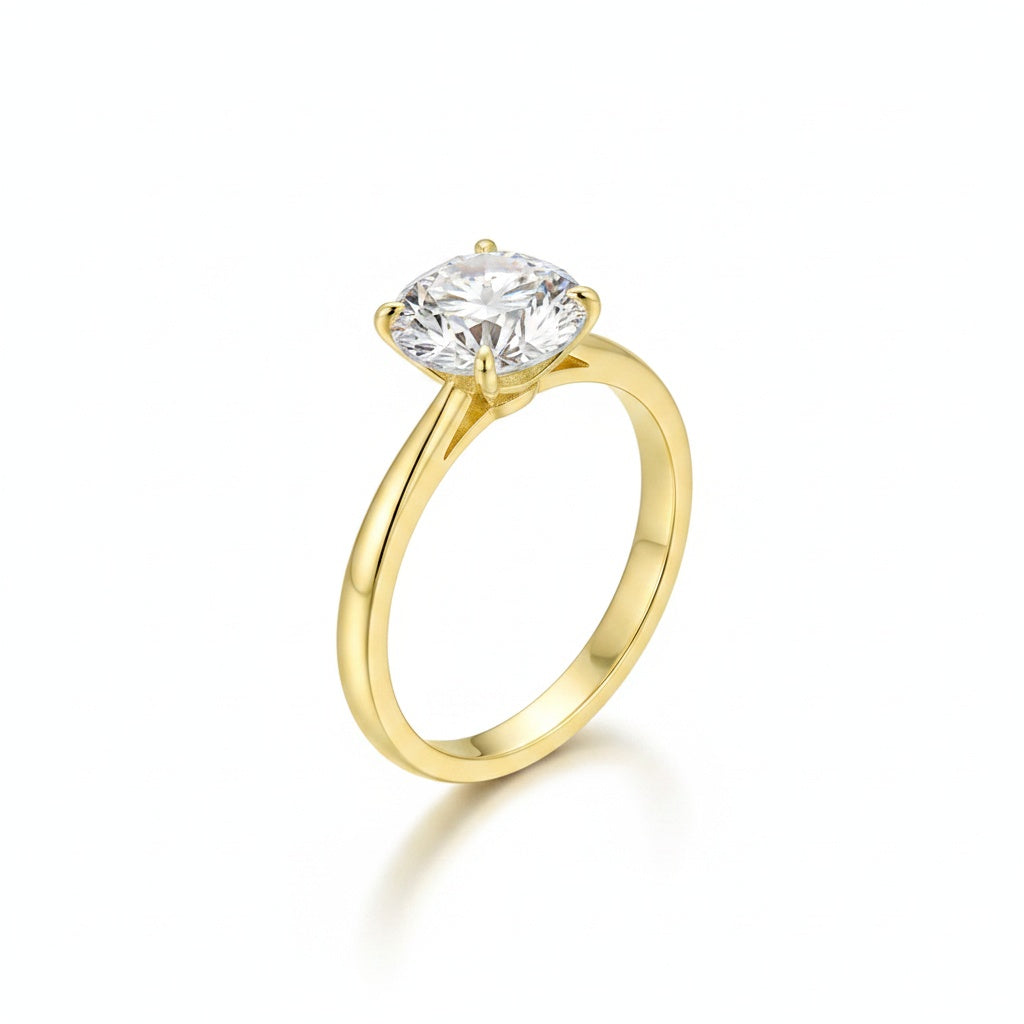 Aurevyn Moissanite 2.0Ct Round Cut Cathedral Setting Yellow Gold Engagement Ring In Sterling Silver