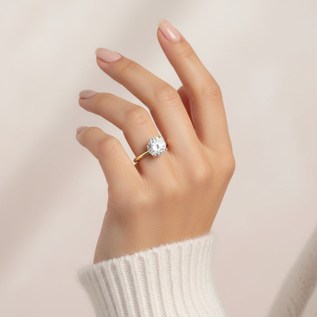 Aurevyn Moissanite 2.0Ct Round Cut Cathedral Setting Yellow Gold Engagement Ring In Sterling Silver