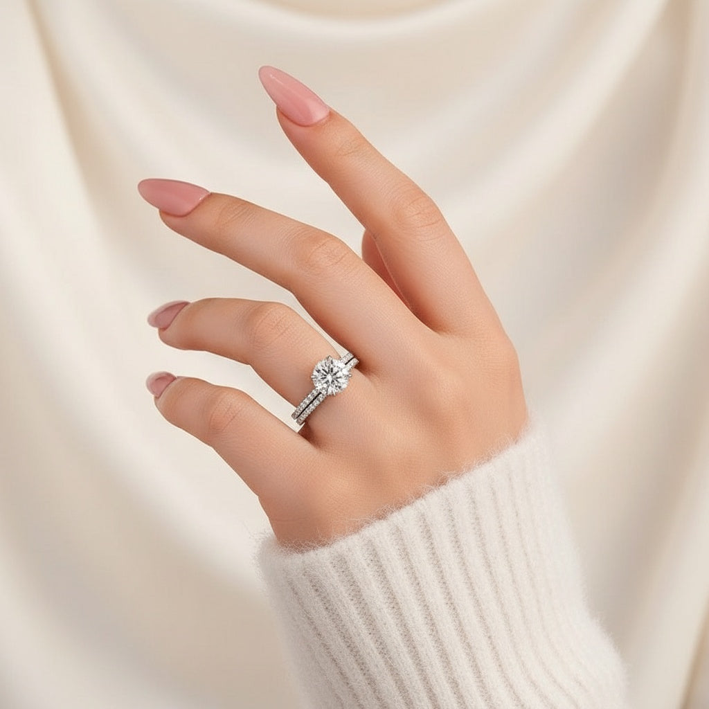 Aurevyn Moissanite 2.0Ct Round Cut White Gold Bridal Wedding Ring Set