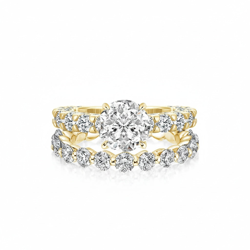 Aurevyn Moissanite 2.0Ct Side Stone Round Cut Yellow Gold Engagement Ring with 1.5Ct Round Cut Wedding Band