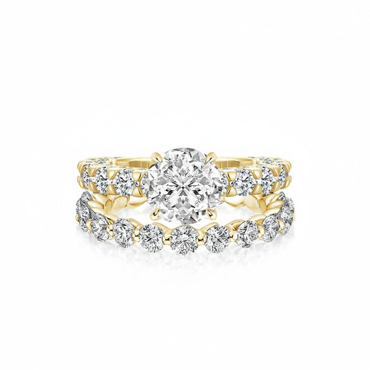 Aurevyn Moissanite 2.0Ct Side Stone Round Cut Yellow Gold Engagement Ring with 1.5Ct Round Cut Wedding Band
