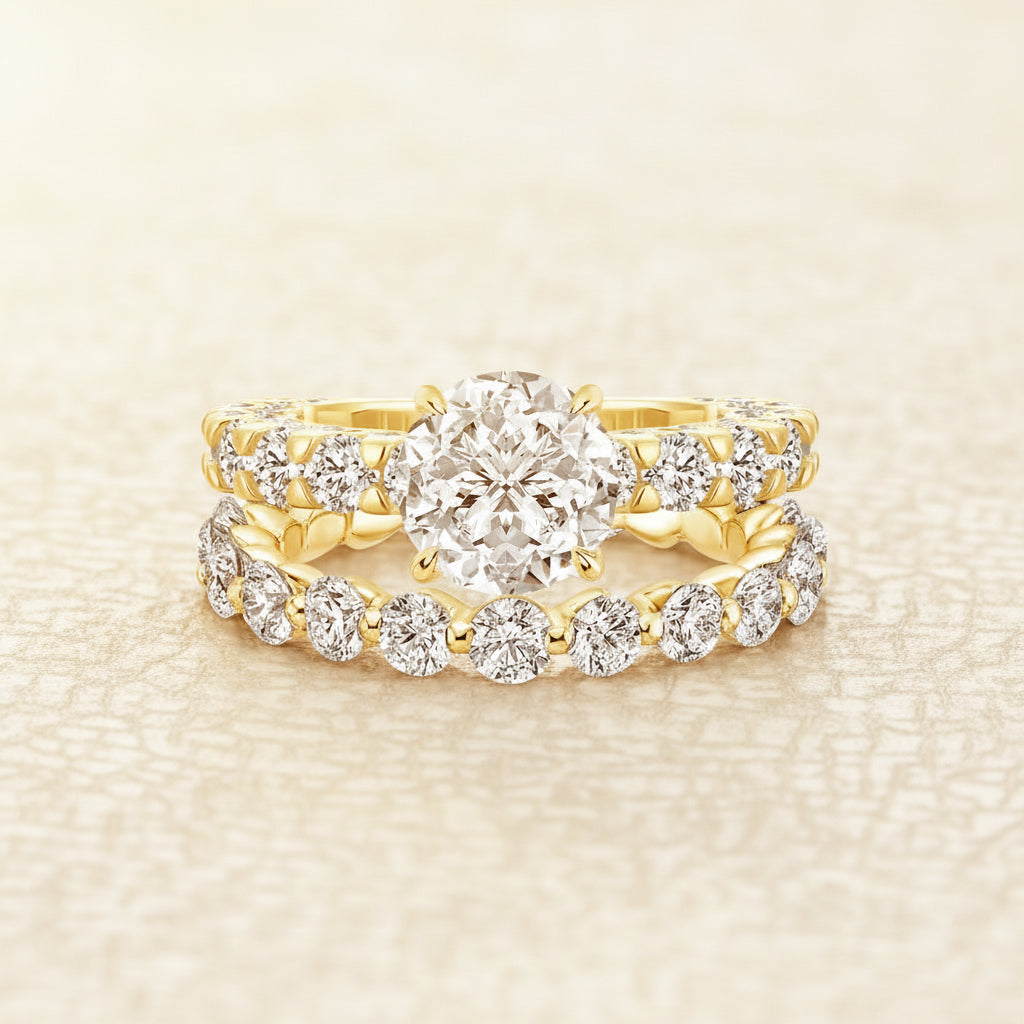 Aurevyn Moissanite 2.0Ct Side Stone Round Cut Yellow Gold Engagement Ring with 1.5Ct Round Cut Wedding Band