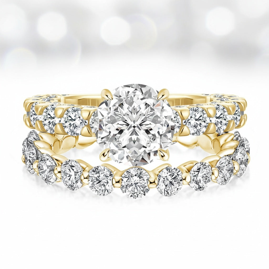 Aurevyn Moissanite 2.0Ct Side Stone Round Cut Yellow Gold Engagement Ring with 1.5Ct Round Cut Wedding Band
