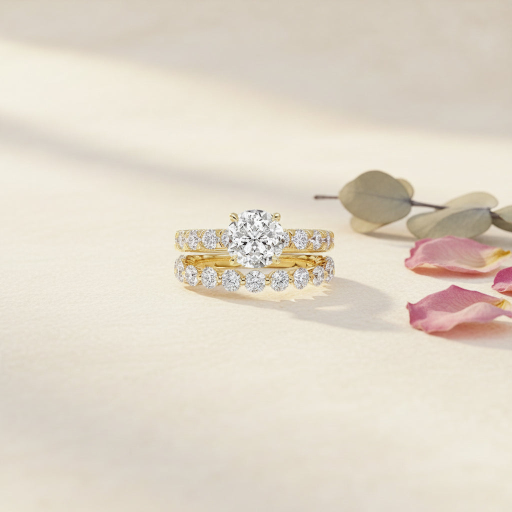 Aurevyn Moissanite 2.0Ct Side Stone Round Cut Yellow Gold Engagement Ring with 1.5Ct Round Cut Wedding Band