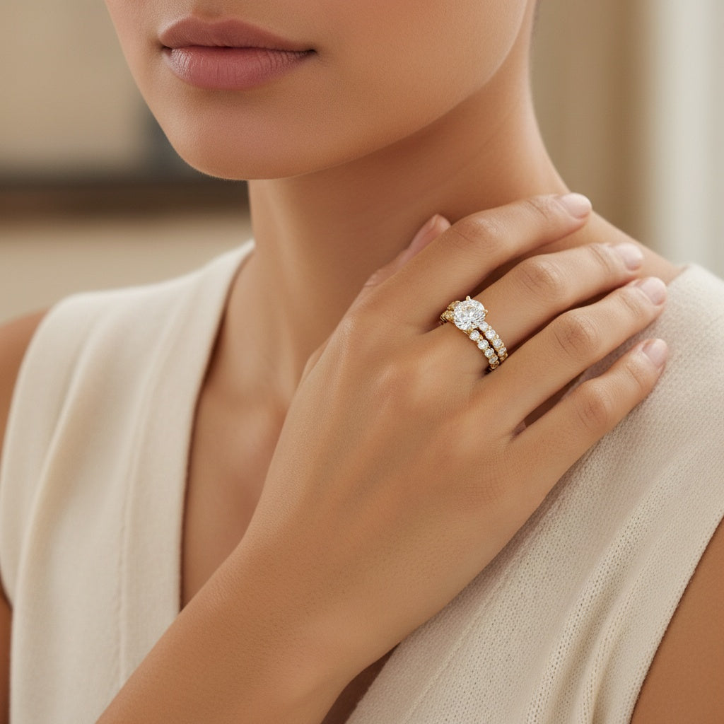 Aurevyn Moissanite 2.0Ct Side Stone Round Cut Yellow Gold Engagement Ring with 1.5Ct Round Cut Wedding Band