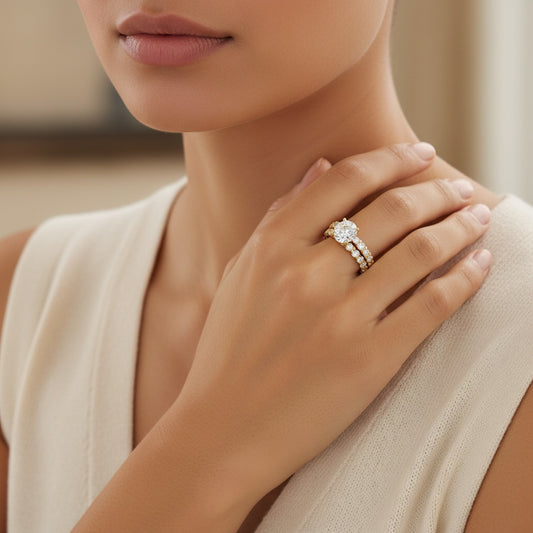 Aurevyn Moissanite 2.0Ct Side Stone Round Cut Yellow Gold Engagement Ring with 1.5Ct Round Cut Wedding Band