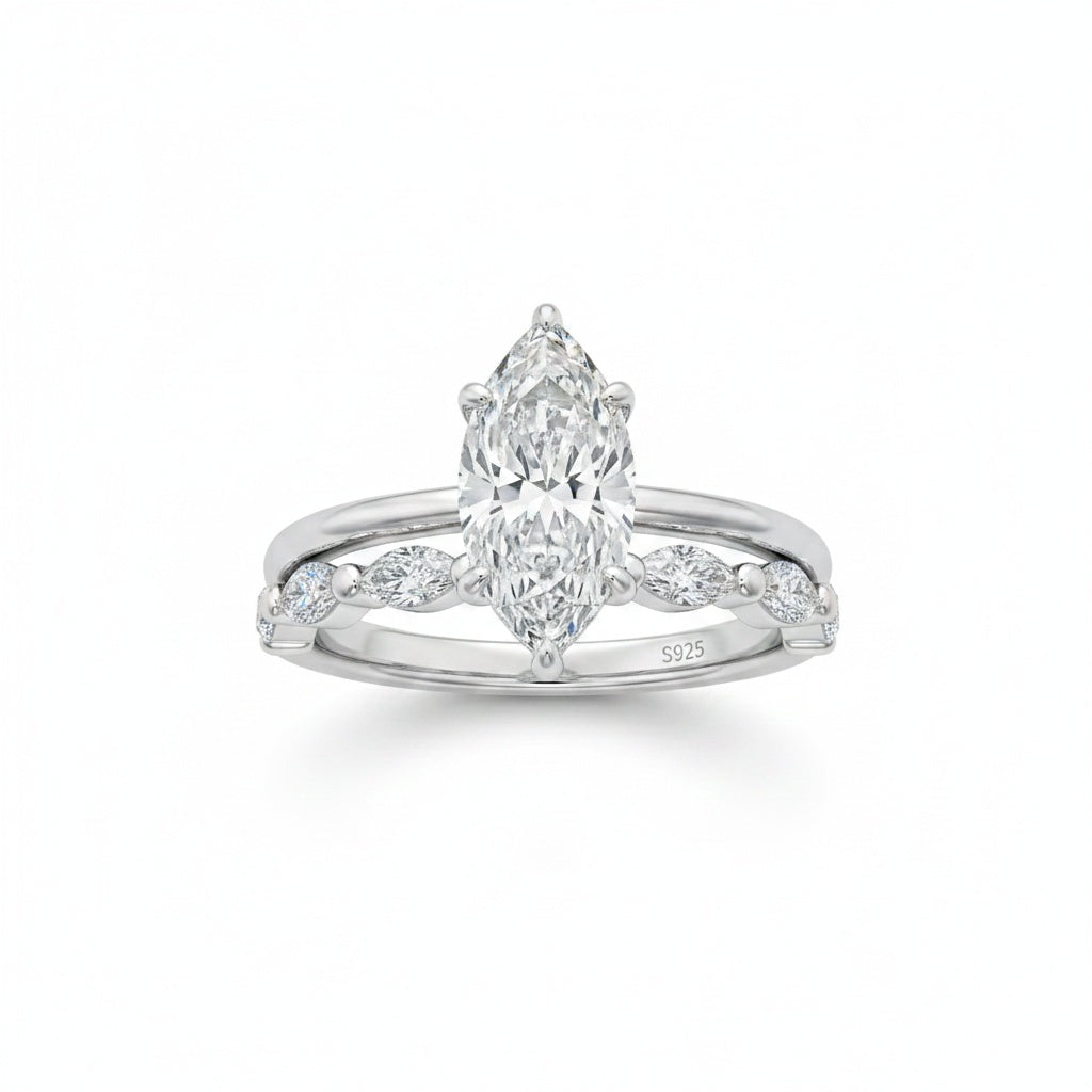 Aurevyn Moissanite 2.0Ct Solitaire Marquise Cut/4.0 Ct Oval Cut Engagement Ring with Marquise Cut Wedding Band