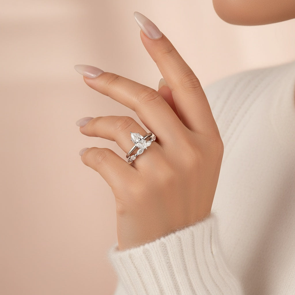 Aurevyn Moissanite 2.0Ct Solitaire Marquise Cut/4.0 Ct Oval Cut Engagement Ring with Marquise Cut Wedding Band