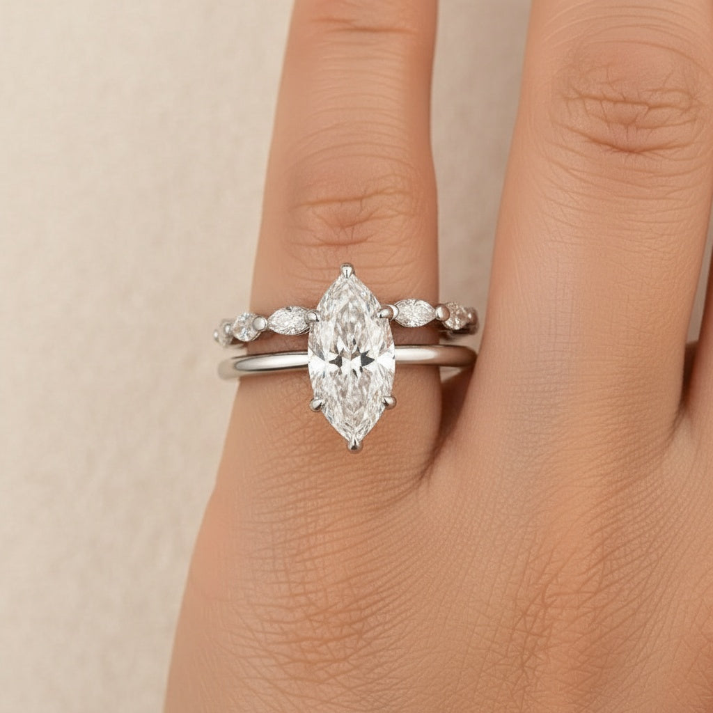 Aurevyn Moissanite 2.0Ct Solitaire Marquise Cut/4.0 Ct Oval Cut Engagement Ring with Marquise Cut Wedding Band