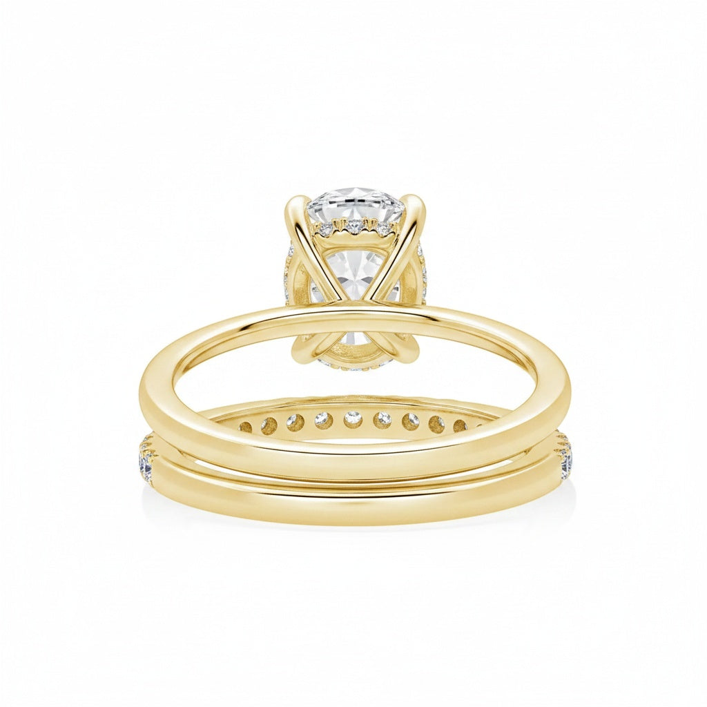 Aurevyn Moissanite 2.0Ct Solitaire Oval Cut Yellow Gold Wedding Ring with Pavé Eternity Ring