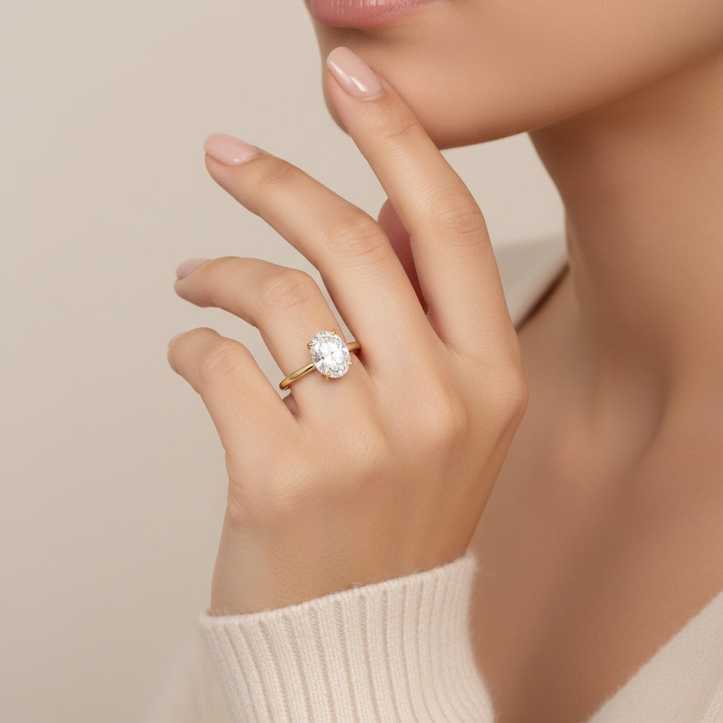 Aurevyn Moissanite 2.0Ct Solitaire Oval Cut Yellow Gold Wedding Ring with Pavé Eternity Ring