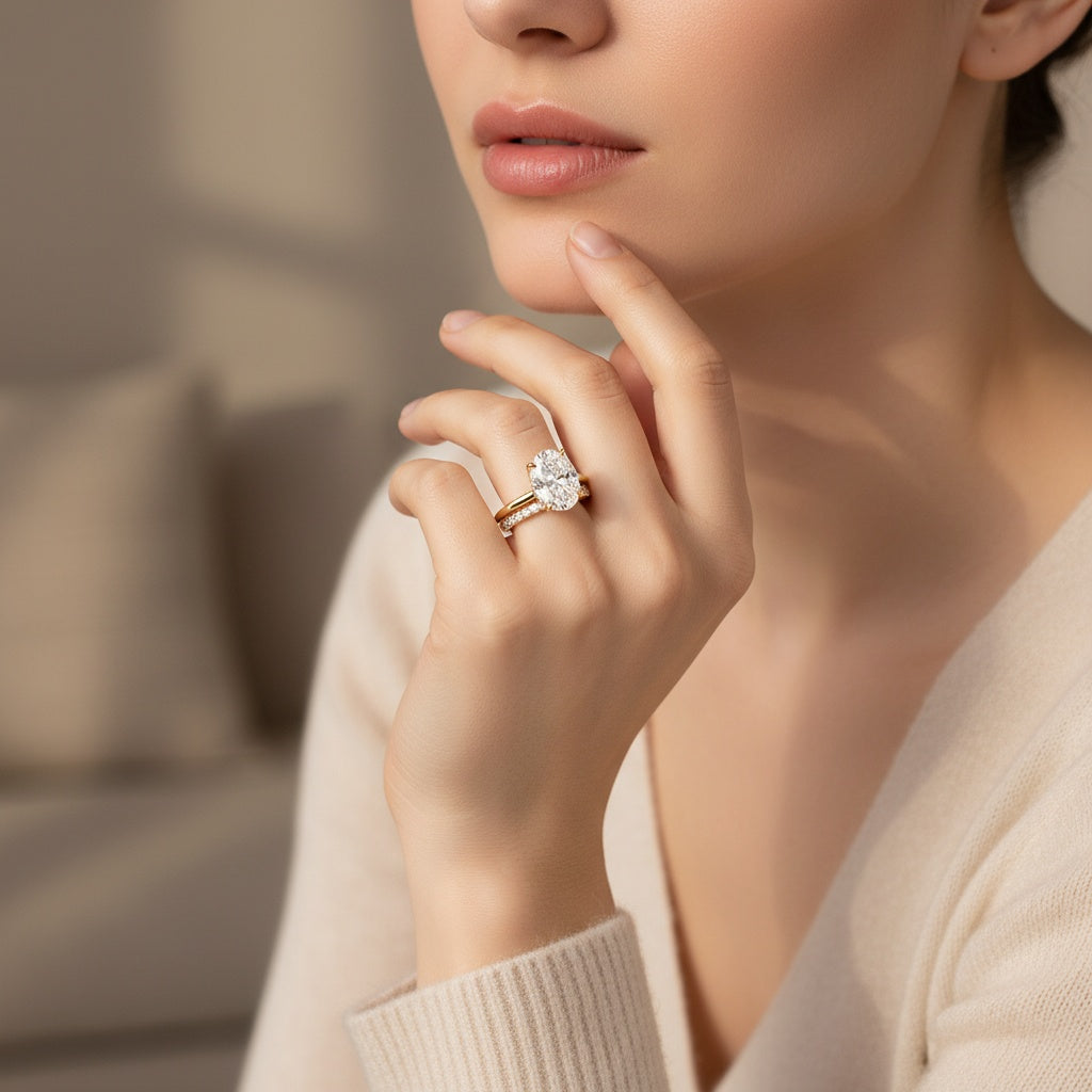 Aurevyn Moissanite 2.0Ct Solitaire Oval Cut Yellow Gold Wedding Ring with Pavé Eternity Ring