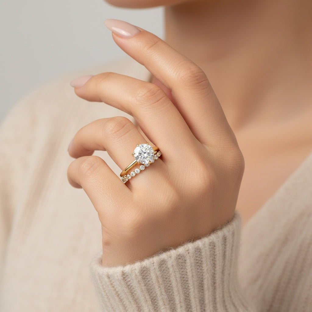 Aurevyn Moissanite 2.0Ct Solitaire Round Cut Engagement Ring with Round Cut Wedding Band
