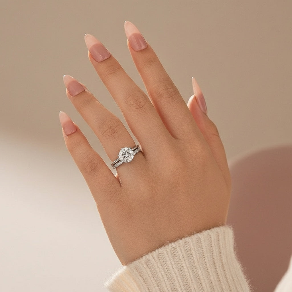 Aurevyn Moissanite 2.0Ct Solitaire Round Cut White Gold Wedding Ring Set