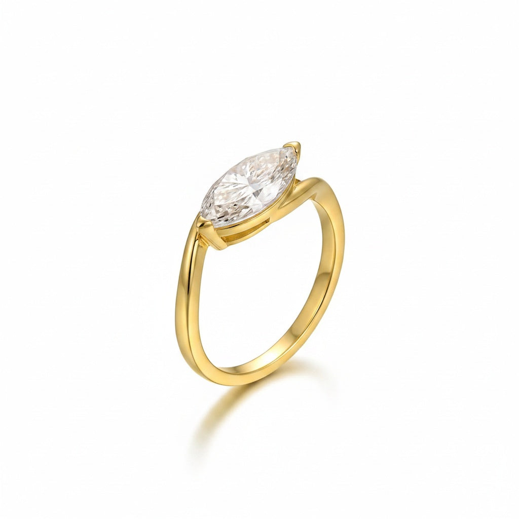 Aurevyn Moissanite 2.0Ct Yellow Gold East-West Marquise Cut Curve Band Engagement Ring
