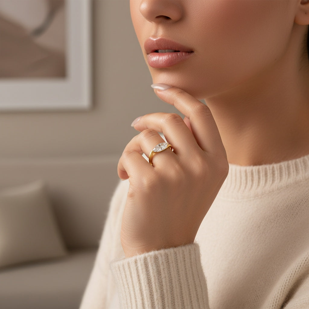 Aurevyn Moissanite 2.0Ct Yellow Gold East-West Marquise Cut Curve Band Engagement Ring