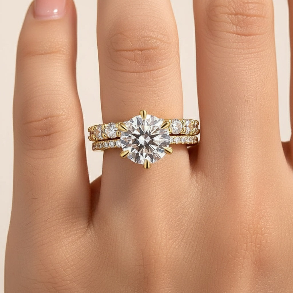 Aurevyn Moissanite 2.0Ct~3.0Ct Round Cut/4.0Ct Oval Cut Yellow Gold Wedding Ring Set