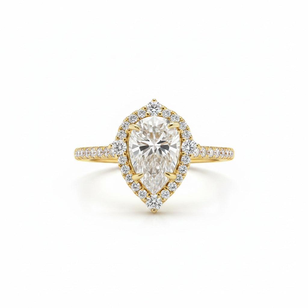 Aurevyn Moissanite 2.5 Ct Halo Pear Cut Yellow Gold Travel Ring