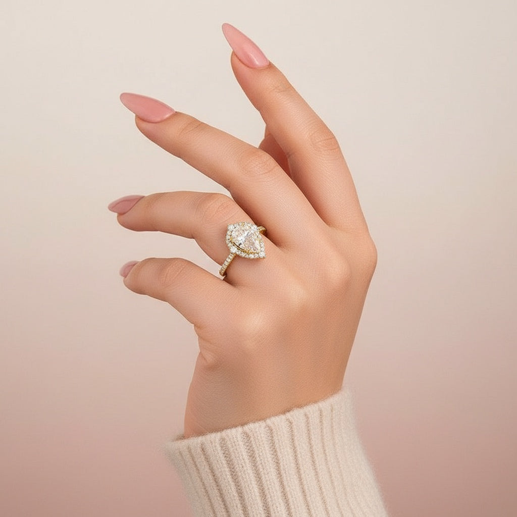 Aurevyn Moissanite 2.5 Ct Halo Pear Cut Yellow Gold Travel Ring
